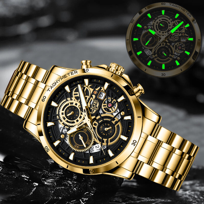 LIGE-Relógio de pulso masculino em aço inoxidável dourado grande, relógio vestido casual, relógio de quartzo militar, luxo Relogio masculino