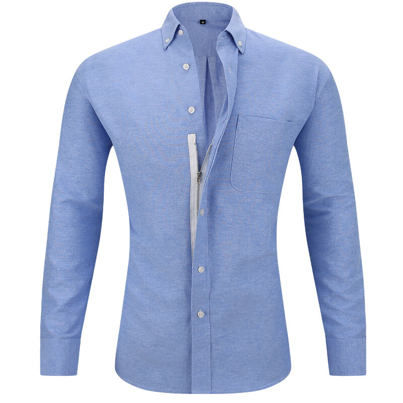 Cotton US Size Oxford Spin Autumn/Winter Zipper Fake Button Long Sleeve Men's Shirt Non iron Casual Breathable High Quality