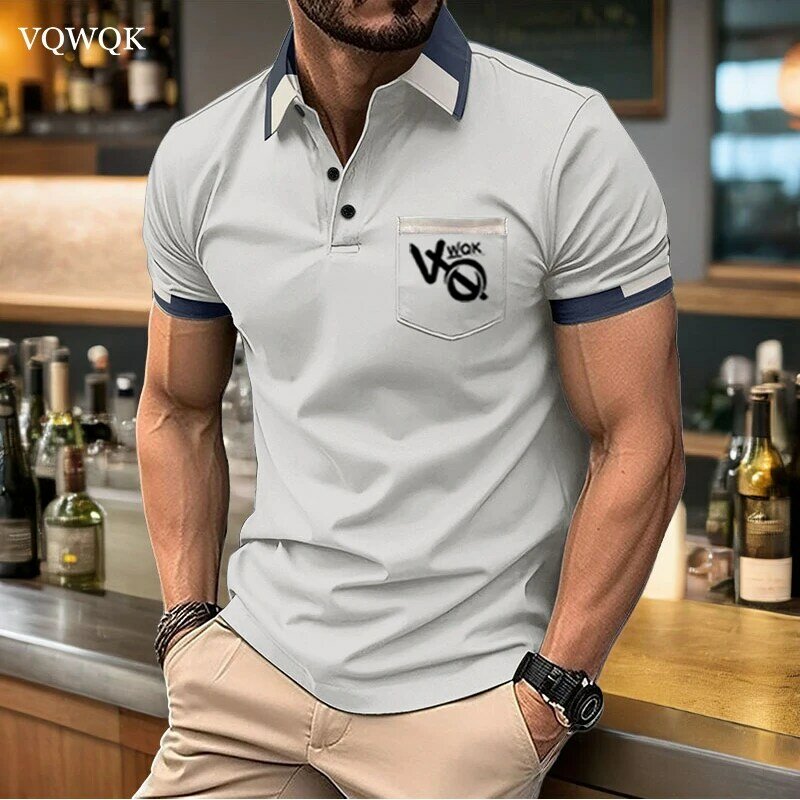 Camisa polo de manga curta masculina, blazer casual, botão de gola alta, extragrande, clássico, verão, VQWQK