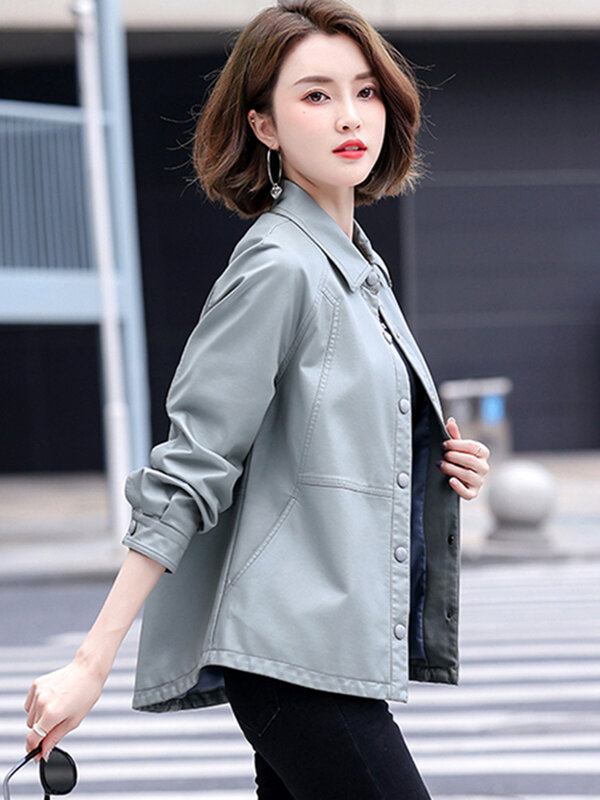 New Women Shirt Style Leather Jacket Spring Autumn Fashion Casual Turn-down Collar Split Leather Tops Coat Loose Outerwear