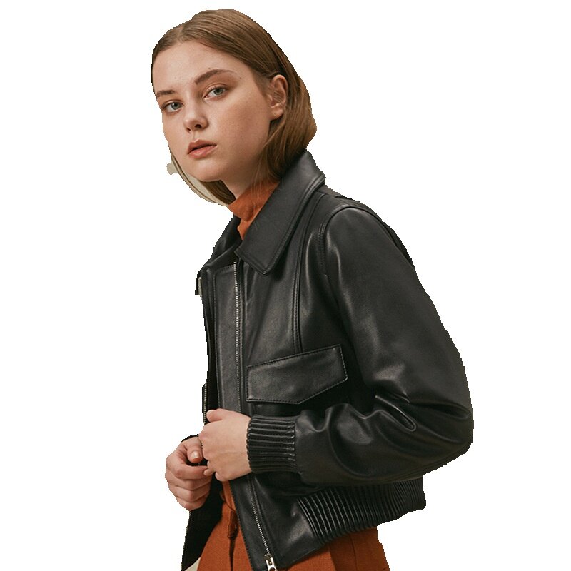Women's Sheepskin Leather Jacket, Short Slim Fit Baseball Leather Jacket, Minimalist Casual Jacket