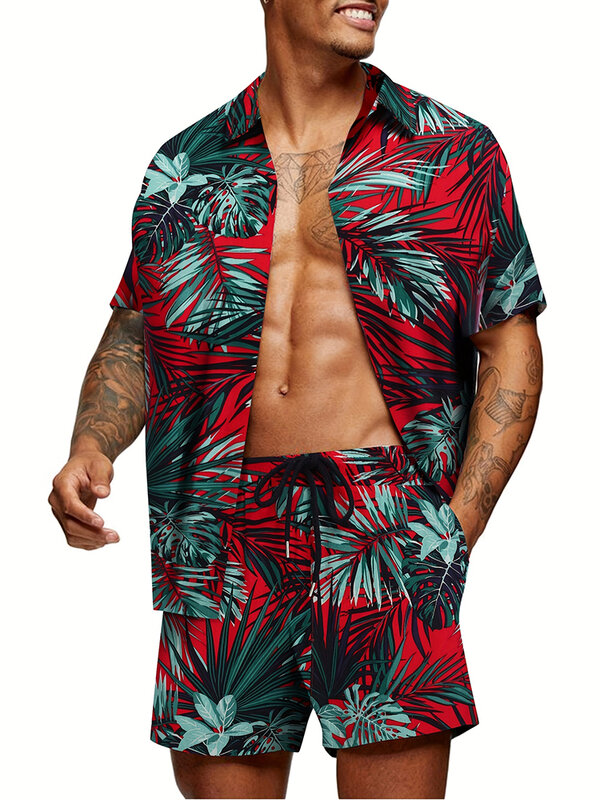Seaside Hawaiian Style Men's Short-Sleeved Shirt and Shorts Set Seaside Casual Short-Sleeved Shirt Shorts 3D Printed Men's Set