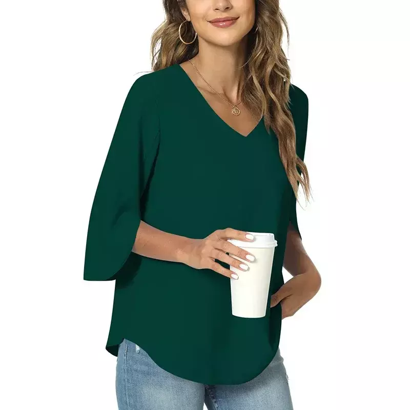 Новая стильная Летняя короткая блузка с V-образным вырезом, Свободная Женская футболка из чистого хлопка, gray22