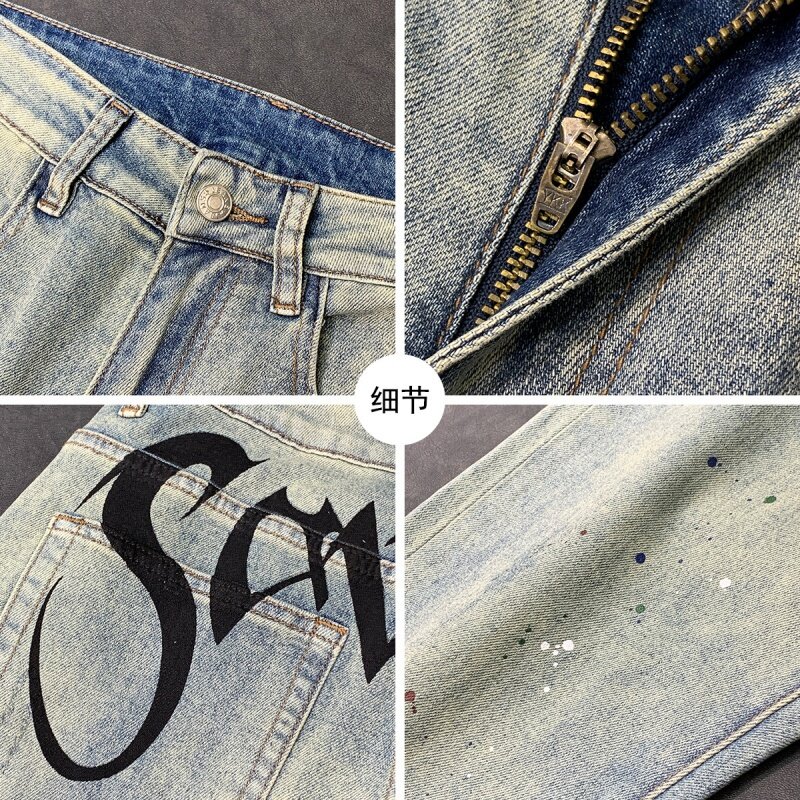 Wysokiej jakości modne męskie modne spodnie odporne na zużycie nadruk w litery smukłe proste styl hip-hopowy jeansy Retro