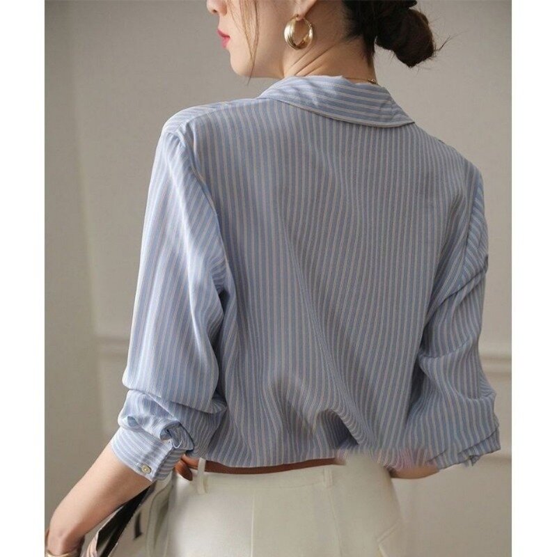 QWEEK Chiffon Striped Long Sleeve Shirt Woman Office Ladies Button Up Blouse Female Summer Korean Old Money Style Aesthetic 2024