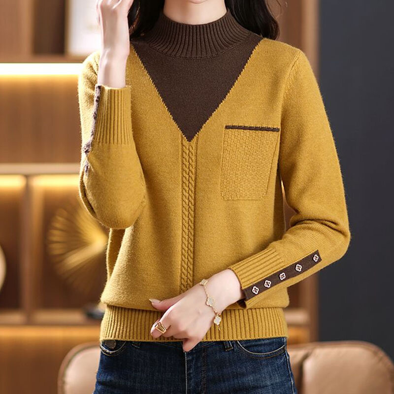 Two Color Splicing Half Height Collar Bright Lines Two Fake Pieces Fried Dough Twist Stripe Women Sweaters Cuffs Button Pullover