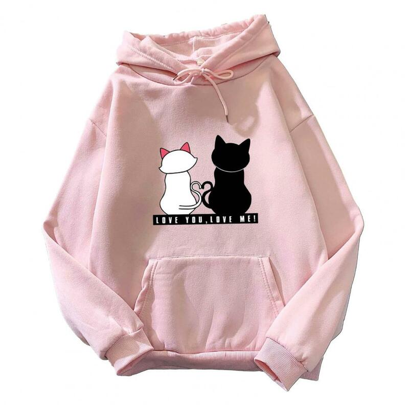Women Spring Hoodie Cartoon Cat Print Plush Hoodie Cozy Women Pullover with Drawstring Elastic Cuffs Hoodie for Fall/winter