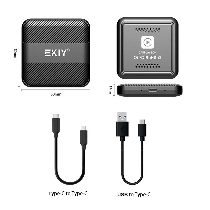 EKIY-Mini Car Play Box, com fio para Carplay sem fio, Adaptador Auto Android, Smart AI Box, Bluetooth, Wi-Fi, Conexão Spotify, Plugue USB Inteligente