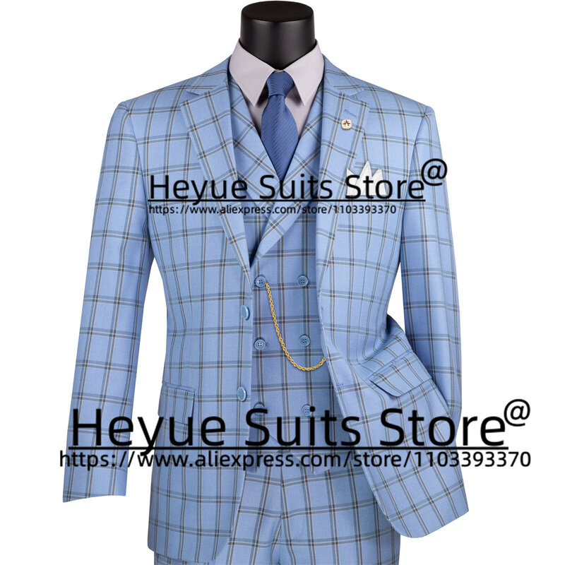 Business Sky Blue Plaid abiti formali per uomo Slim Fit sposo smoking da sposa 2 pezzi set lavoro d'ufficio Blazer maschile Costume Homme