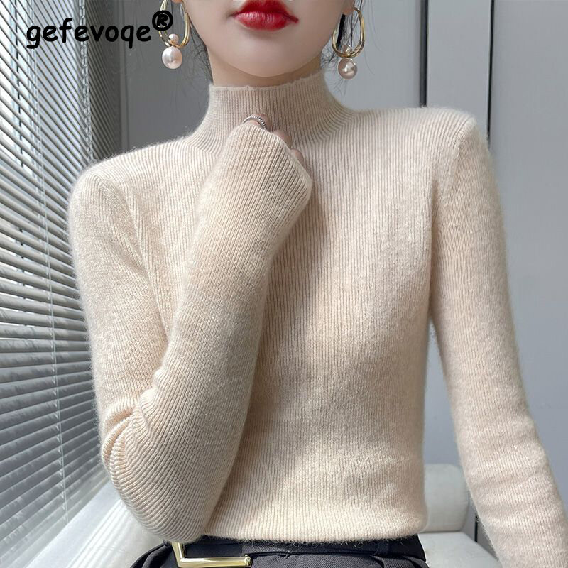 Koreański elegancki półgolf Slim Fit miękki, w stylu Basic sweter z dzianiny jesień zima kobiet jednolity kolor, długi rękaw pulowerowe topy swetry