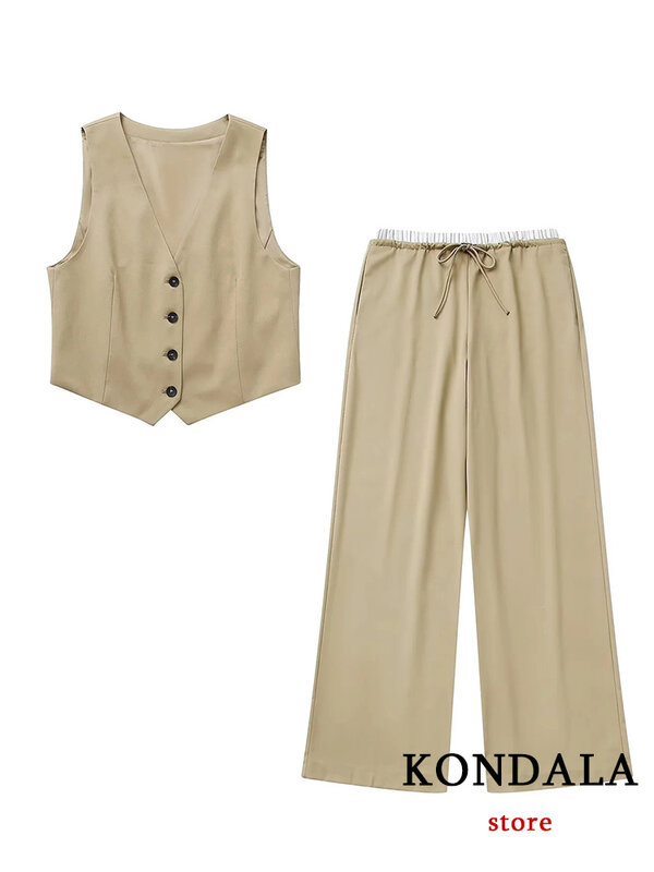 KONDALA-traje de oficina caqui Vintage para mujer, chaleco sin mangas con un solo botón y cuello en V, pantalones largos rectos de cintura alta, moda de verano 2024