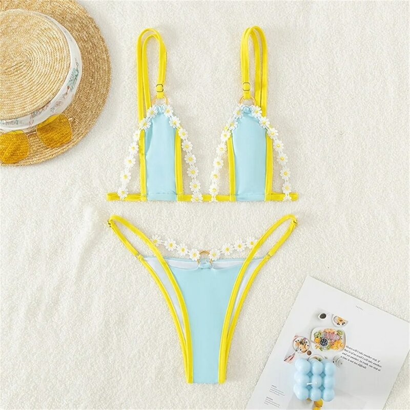 3D Flowers String Bikini Thong Lace Backless Swimsuit Sexy Micro Triangle Vacation Swimwears Two Piece Women Beach Bathing Suits