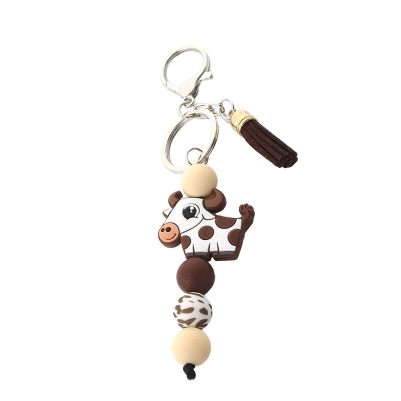 Porte-clés en perles Silicone avec glands, pendentif Animal vache dessin animé, pour clés voiture, pendentif