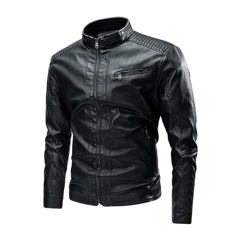 Jaqueta de couro falso de motocicleta masculina, gola, mangas compridas, bolsos, zíper, forro de lã, outono, inverno