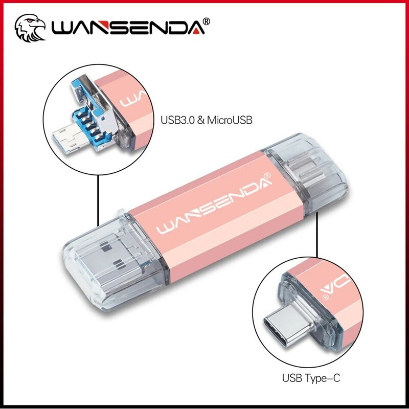 Wansenda-3 인 1 USB 플래시 드라이브, USB 3.0 및 C 타입 및 마이크로 USB 512GB 256GB 128GB 펜드라이브 64GB 32GB OTG 펜 드라이브 Cle 메모리 스틱