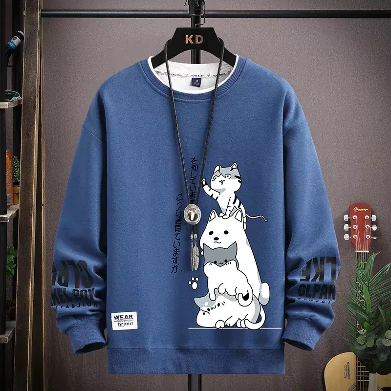 Jesienna męska bluza kreskówka z japonii nadruk z kotem Top Harajuku główna ulica długi rękaw t-shirt casualowa modna męska odzież