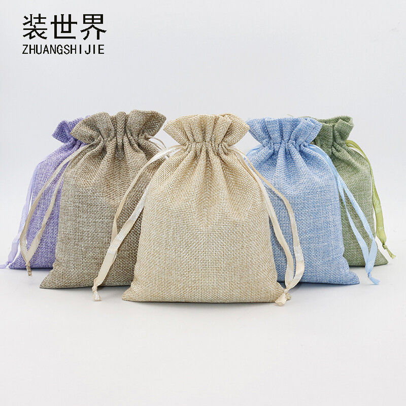 Bolsas de arpillera Natural hechas a mano, de algodón y lino con cordón, para regalo de boda y Navidad, embalaje de joyería, 2 piezas