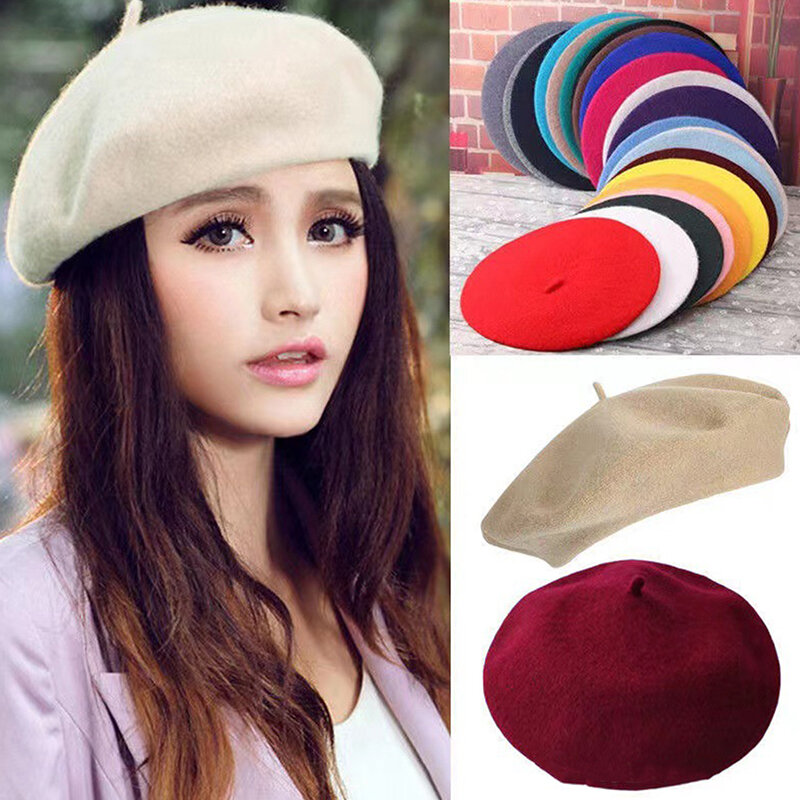 Zimowe damskie wełniane berety francuskie artystyczne ciepłe czapka typu Beanie Retro Beret jednolity kolor eleganckie damskie pasuje do wszystkiego jesienne czapki
