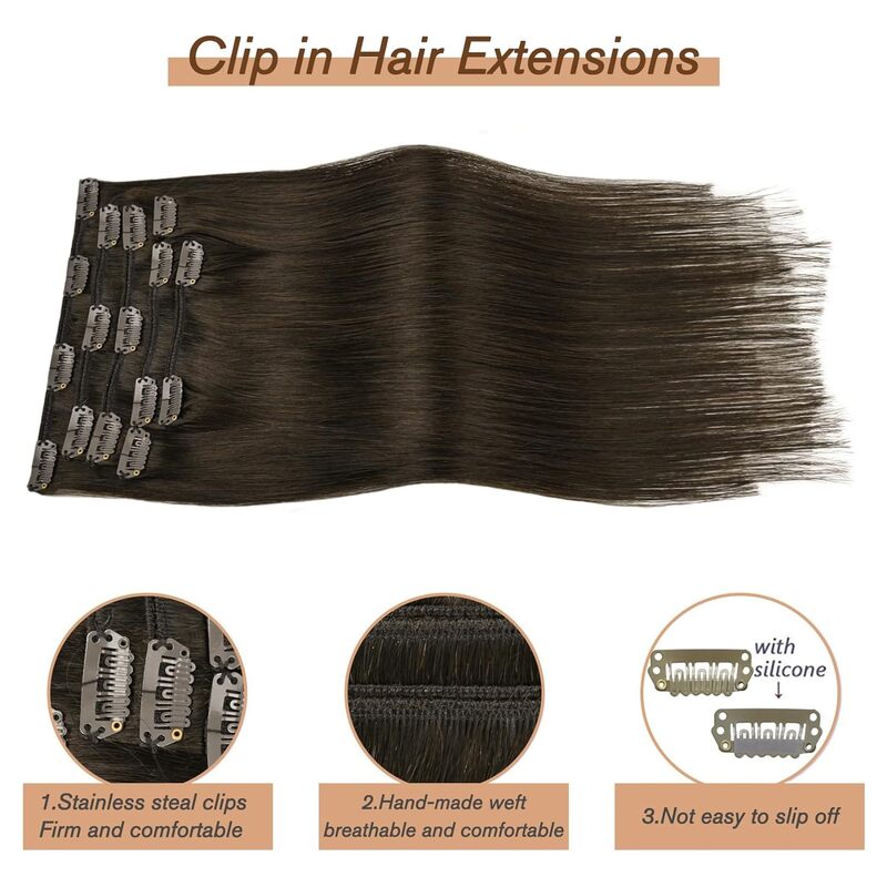 Clipe reto em extensões de cabelo, Clipe de trama dupla no cabelo humano, Castanho escuro, #2, 17 clipes, Conjunto 8pcs