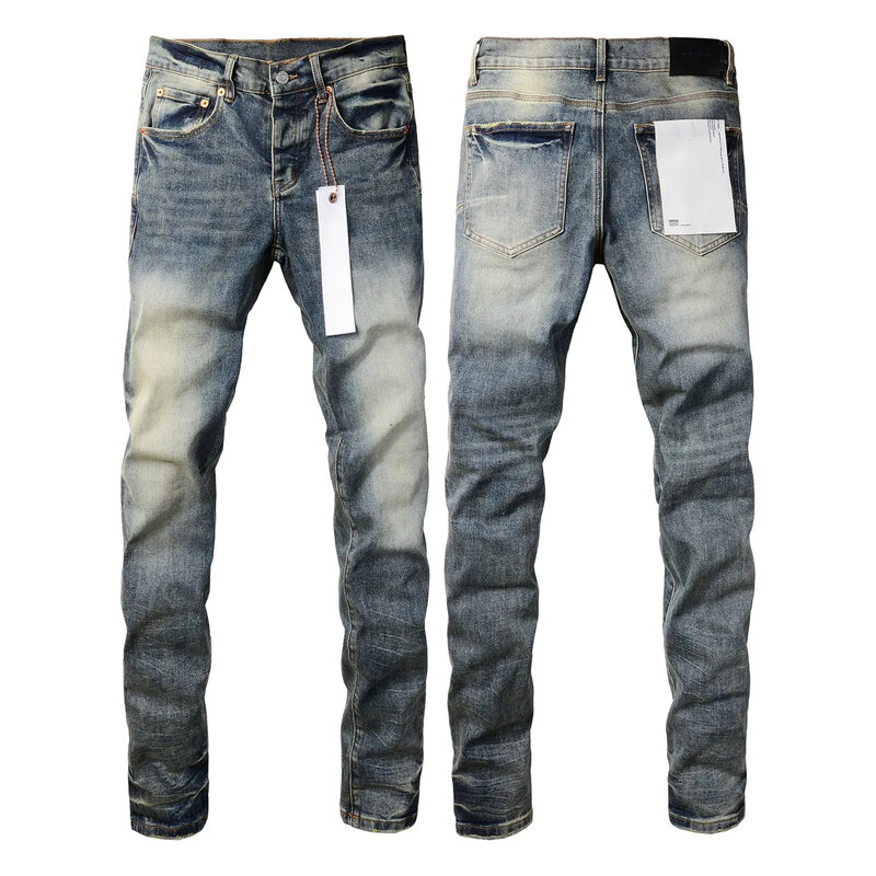 Ungu kualitas tinggi merek ROCA Jeans 1:1 jalan biru pemutih Matte cuci mode perbaikan rendah naik celana Denim kurus