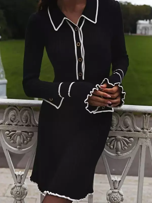 Tossy-vestido de punto con volantes para mujer, prenda de manga larga con contraste acanalado, con solapa de cintura alta, maxivestido de punto para otoño
