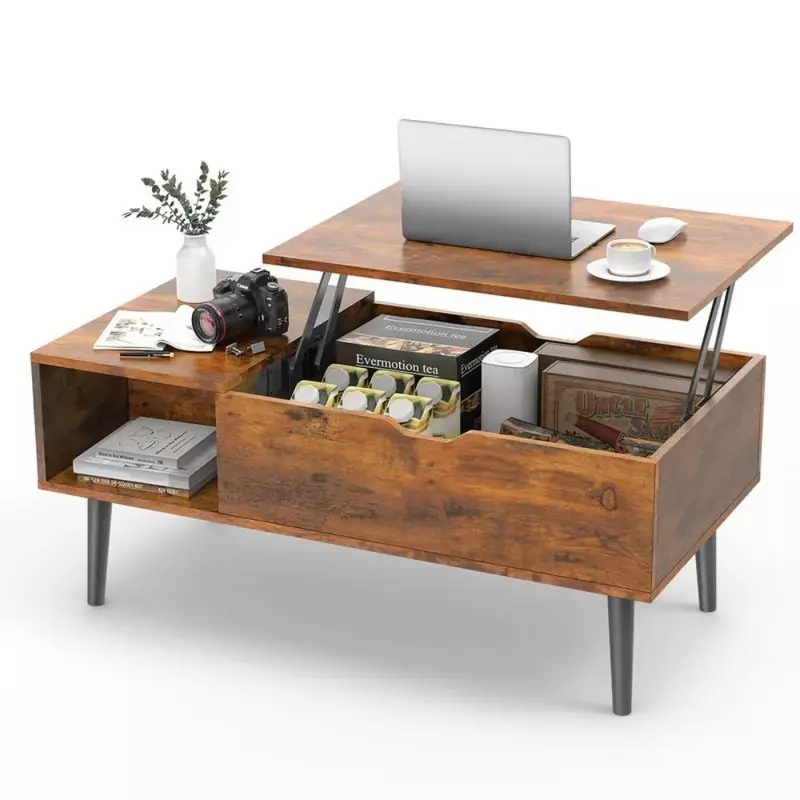 Coffee Table, Living Room Lift Coffee Table, Vertical Desktop Wooden Dining Table with Storage Rack and Hidden Compartments