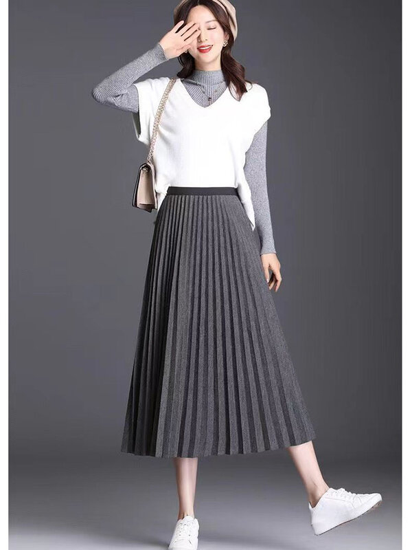 Saia de lã plissada midi de cintura alta feminina, terno casual linha A, feminina elegante saia de guarda-chuva vintage, nova moda, primavera