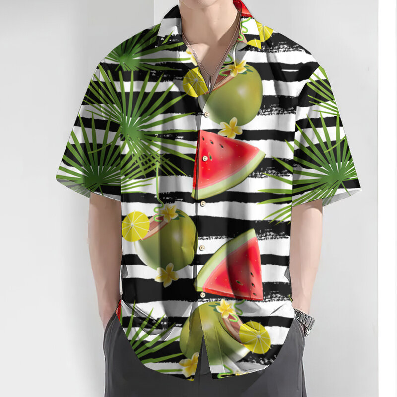 قميص رجالي مخطط مطبوع عليه فاكهة ، كم قصير ، كبير الحجم ، كاجوال ، هاواي ، عالي الجودة ، ملابس رجالية ، يومية ، جديدة