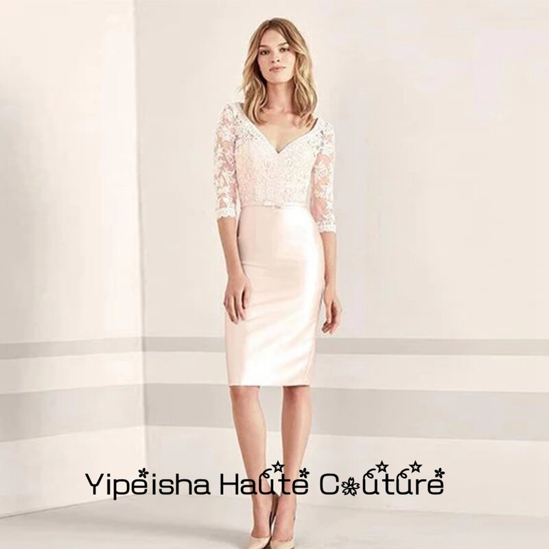 Yipeisha Champagne V Neck suknie na przyjęcia weselne dla kobiet koronkowe kolano długość sukienki dla matki panny młodej Mère formalle szaty nowe
