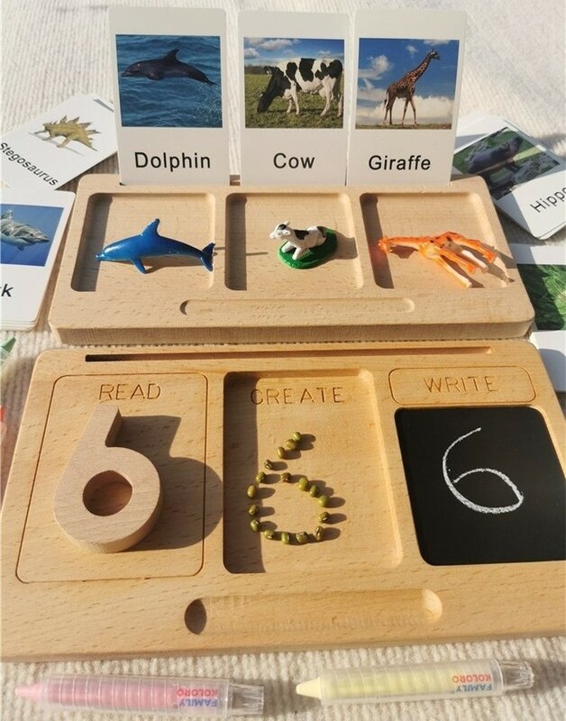 ألعاب مونتيسوري خشبية التعلم اللوحي مع الطباشير مقسمة صواني محاكاة الحيوانات مطابقة بطاقات الدراسة الإنجليزية