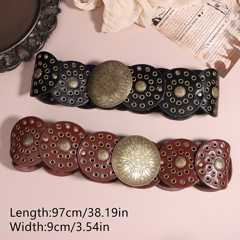 Women's Western Denim Belt High Quality PU Leather Ladies Trend Wide Waistband Vintage Personalized Round Belts