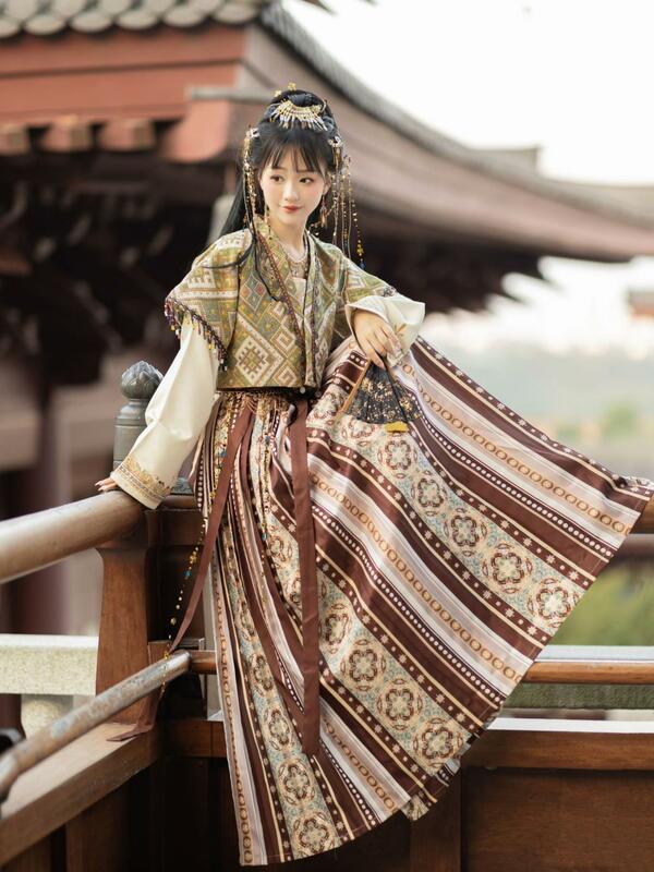 New Chinese Style Traditional Dress Hanfu Girl Ming Dynasty Ancient Chinese Traditional Flower Hanfu Folk  Dance Dress Set