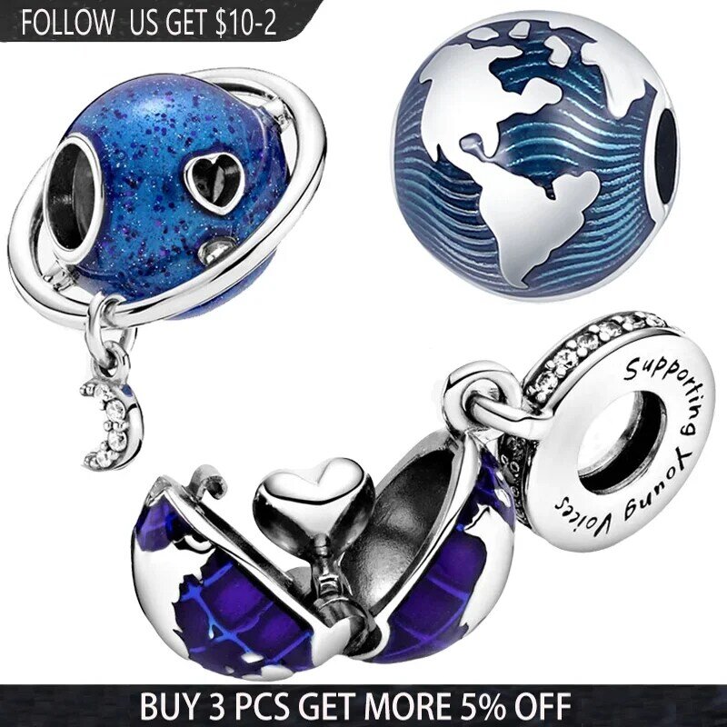 Colore argento World Globe Hanging Beads Charms adatto per il braccialetto Pandora in argento 925 originale che fa gioielli da donna fai da te