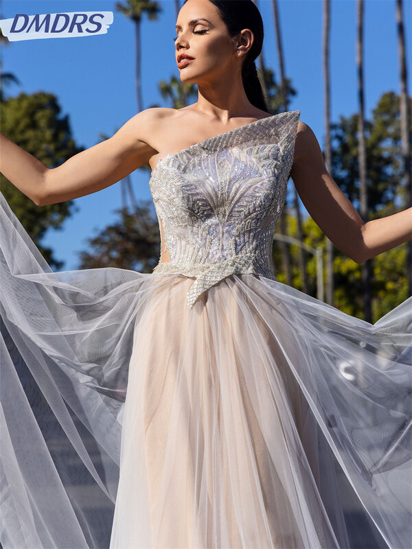Urocze sukienka bez ramiączek 2024 eleganckie tiulowe suknie wieczorowe w kształcie linii Sexy aplikacje do podłogi suknie Vestidos De Novia