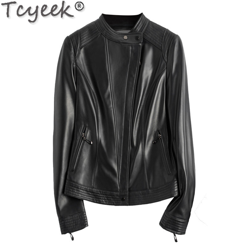 Tcyeek-Veste de moto en cuir véritable pour femme, manteau en peau de mouton véritable, coupe couvertes, vêtements coréens, printemps et automne 2023
