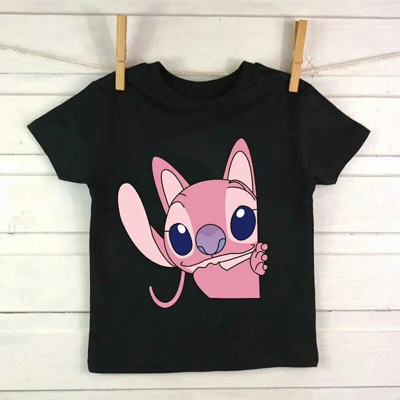 Kawaii Lilo e Stitch Cartoon t-shirt infantil, top gráfico mangá fofo para crianças, camisetas para menina e menino, novo