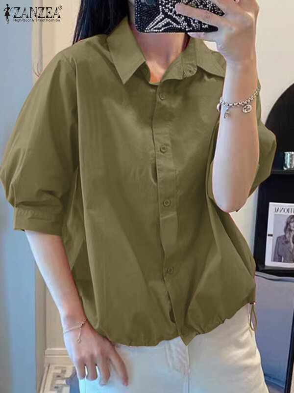 ZANZEA 여성용 단색 버튼 다운 셔츠, 라펠 넥 반팔 블라우스, 캐주얼 루즈 작업 상의, 여름 패션