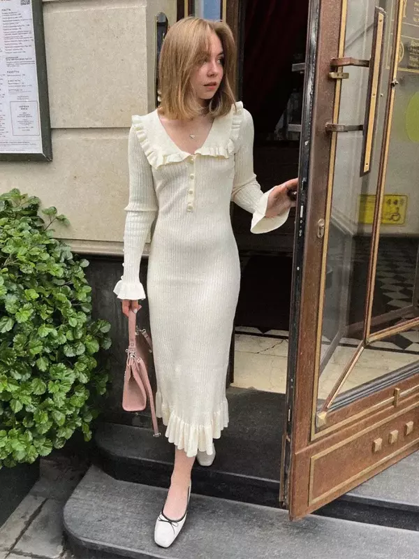 Suninbox Spring and Autumn Ruffled Dresses 2024 Slim Vintage Knitted Long Dress Elegant Casual Dollar Collar Women's Clothing