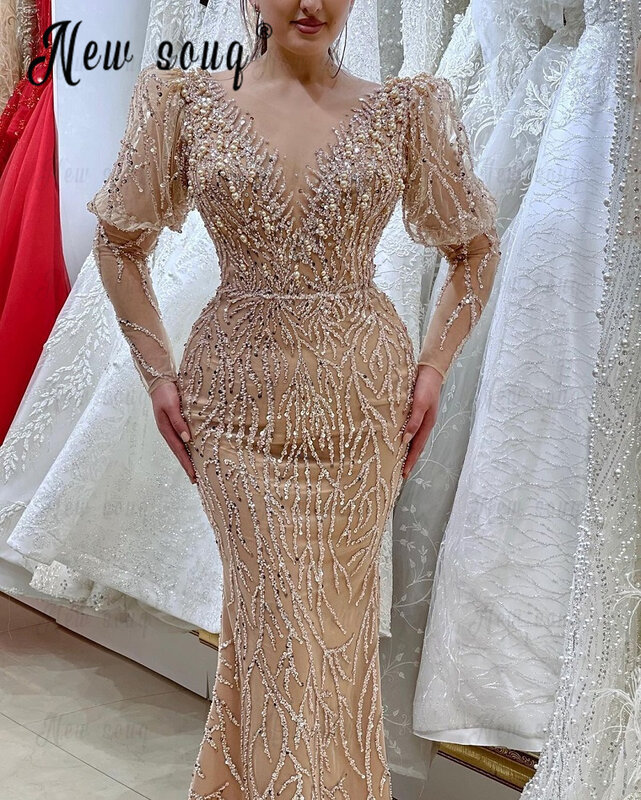 Gaun pesta sampanye Solid, gaun Prom manik-manik putri duyung lengan panjang Muslim Arab untuk busana pernikahan 2023 gaun malam makan malam