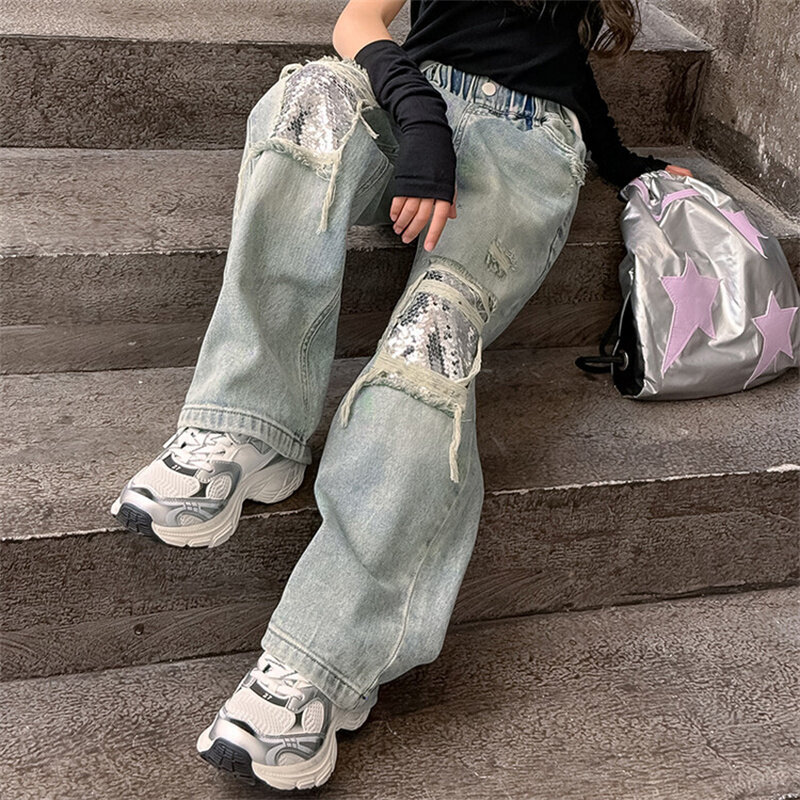 Celana jeans terang anak perempuan, celana kaki lebar anak-anak gaya Musim Semi dan Musim Gugur 6-15 tahun 2024