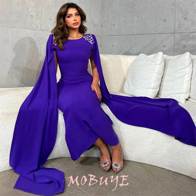 MOBUYE gaun pesta wanita, gaun malam elegan modis lengan panjang, gaun Prom leher O model populer 2024