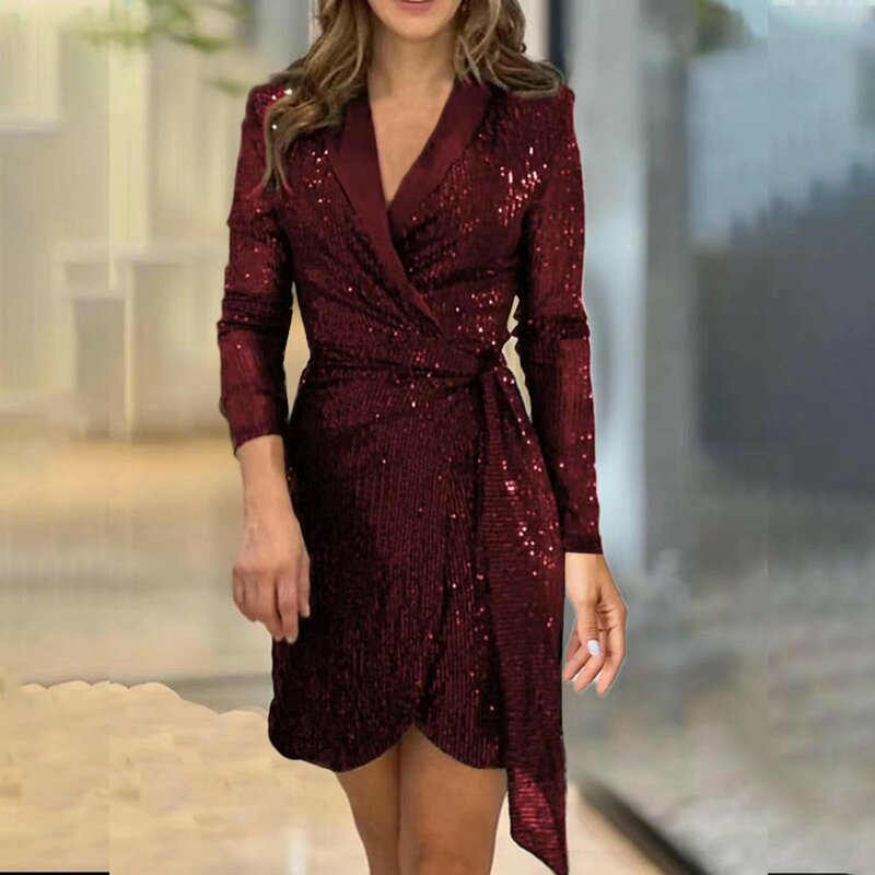 Abendkleider für Frauen trend ige Langarm Deep V-Ausschnitt Glitter funkelnde Pailletten Kleid für Frauen Mini Krawatte Taille Ballkleid