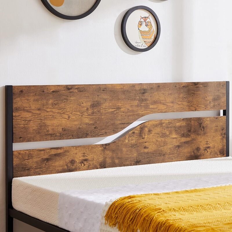 Platform bed frame/mattress base large with rustic vintage wood headboard supported by sturdy metal slats no box spring required