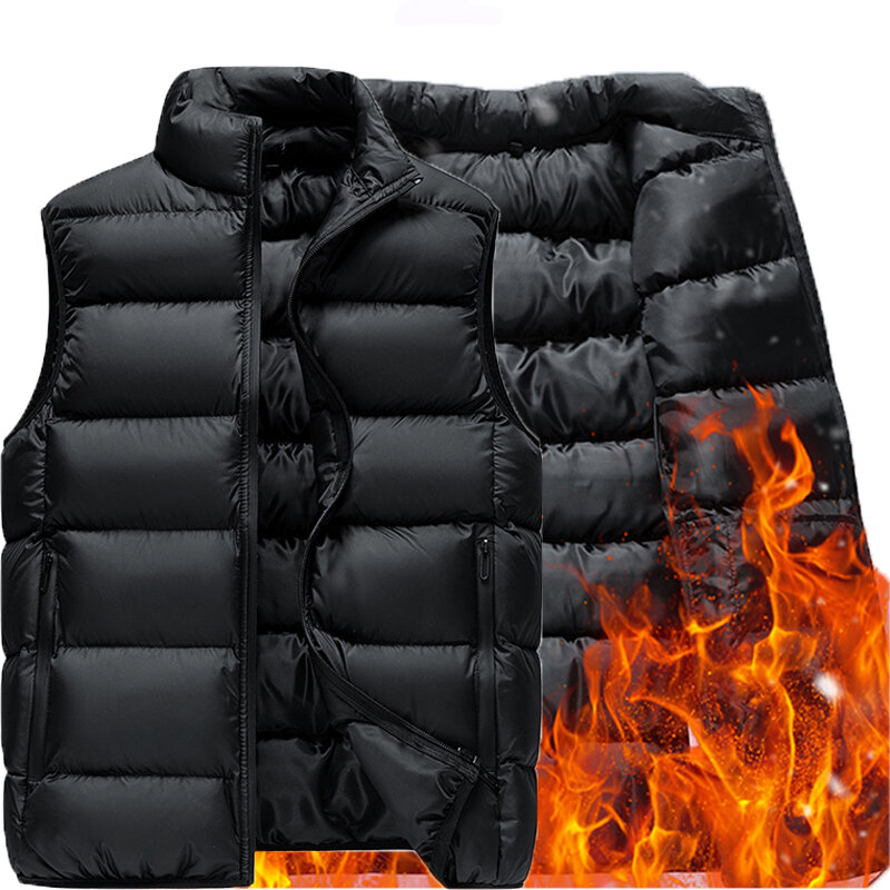 2024 Men Winter Sleeveless Fleece Warm Stand Collar Down Vest Jackets Men Casual Fashion Outdoors Windproof Down Vest Male Coat