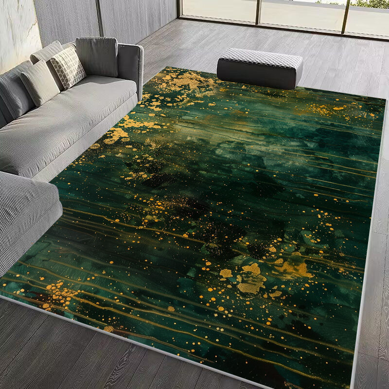 Karpet abstrak hijau tua untuk ruang tamu lukisan tinta emas dekorasi kamar karpet Estetika ukuran besar dapat dicuci tikar lantai santai