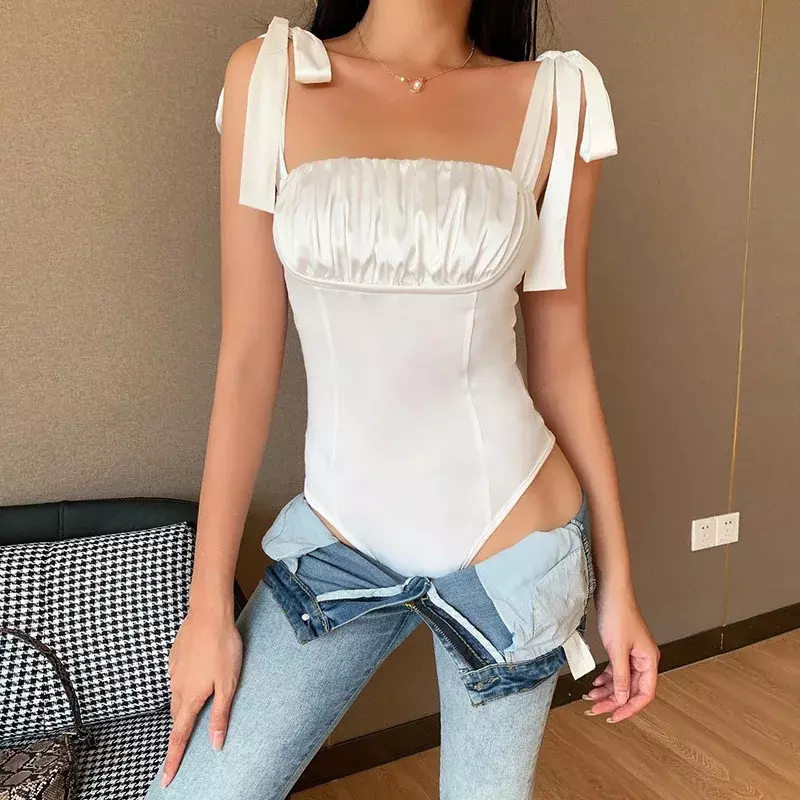 Lace up Sleeveless Front Ruched Bodysuit Women Sexy Backless Patchwork Bodycon Skinny Elastic Sexy Summer New Bodysuit club