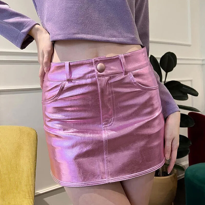 Falda corta de cintura alta para discoteca, ropa de aspecto húmedo, color rosa, Sexy y cómoda