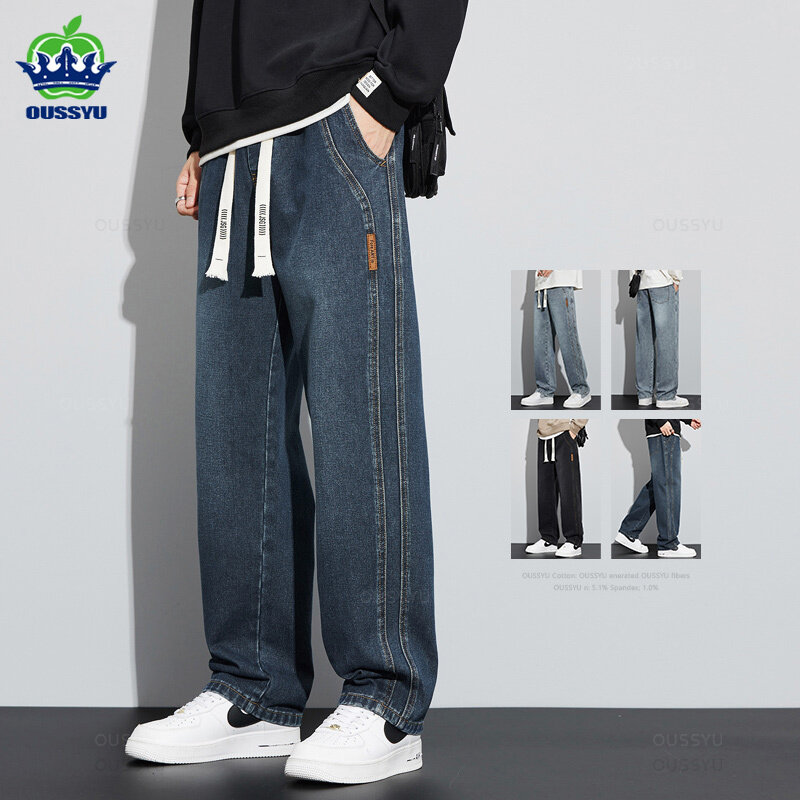 Odzież marki OUSSYU nowy projekt dżinsy bawełniane mężczyzn luźna elastyczna talia ładunkowa spodnie dżinsowe pracy z szerokimi nogawkami spodnie koreańskie mężczyzn 4XL