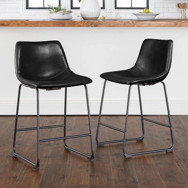Bar Stools Set of 2, Modern Bar Height Barstools, Faux Leather Stool with Back and Metal Leg, Armless Tall Bar Dining Chairs