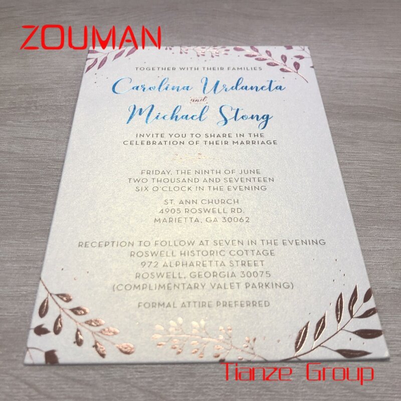 Tarjeta de invitación de papel de aluminio de perlas de boda de diseño privado con impresión personalizada de lujo